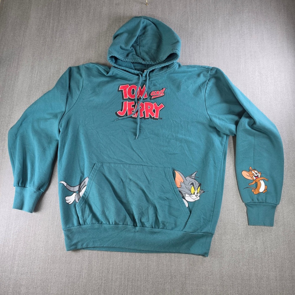 Tom and Jerry Hoodie Unisex Large Teal Graphic‎ Cartoon Sweatshirt Pocket Detail